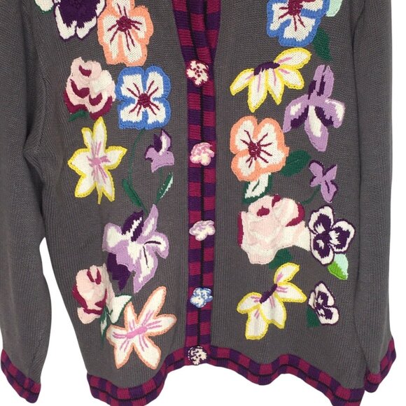 Storybook Knits Womens Embroidered Floral Cardigan Sweater Button Up Sz Large - Picture 2 of 13
